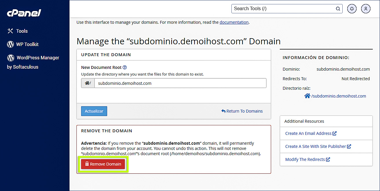 Remover Dominio o subdominio
