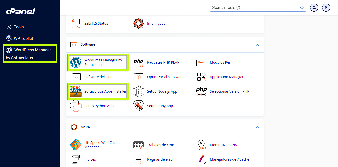 Softaculous - Administrador de WordPress en el menú superior