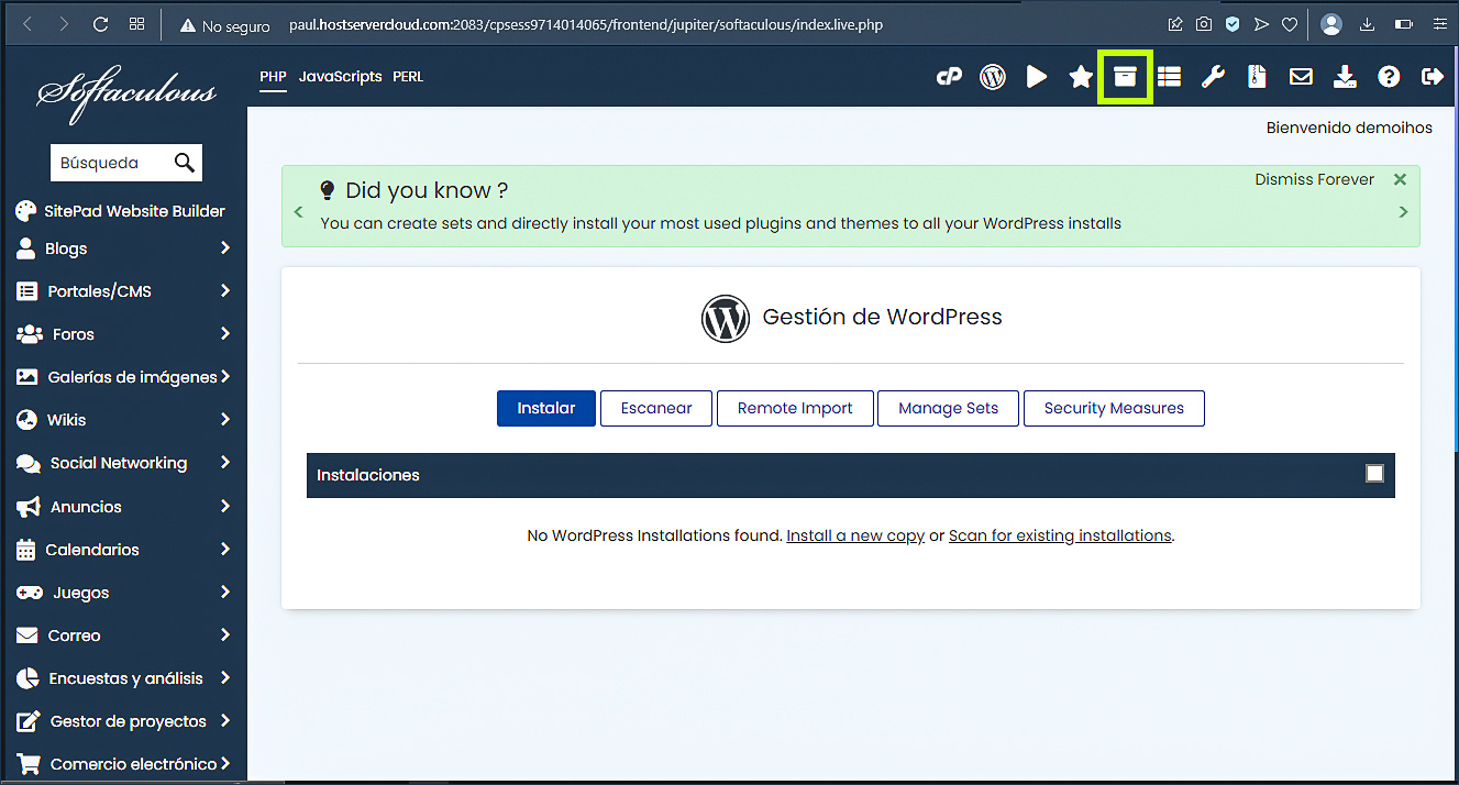 Softaculous - Todas las instalaciones - Icono del administrador de WordPress