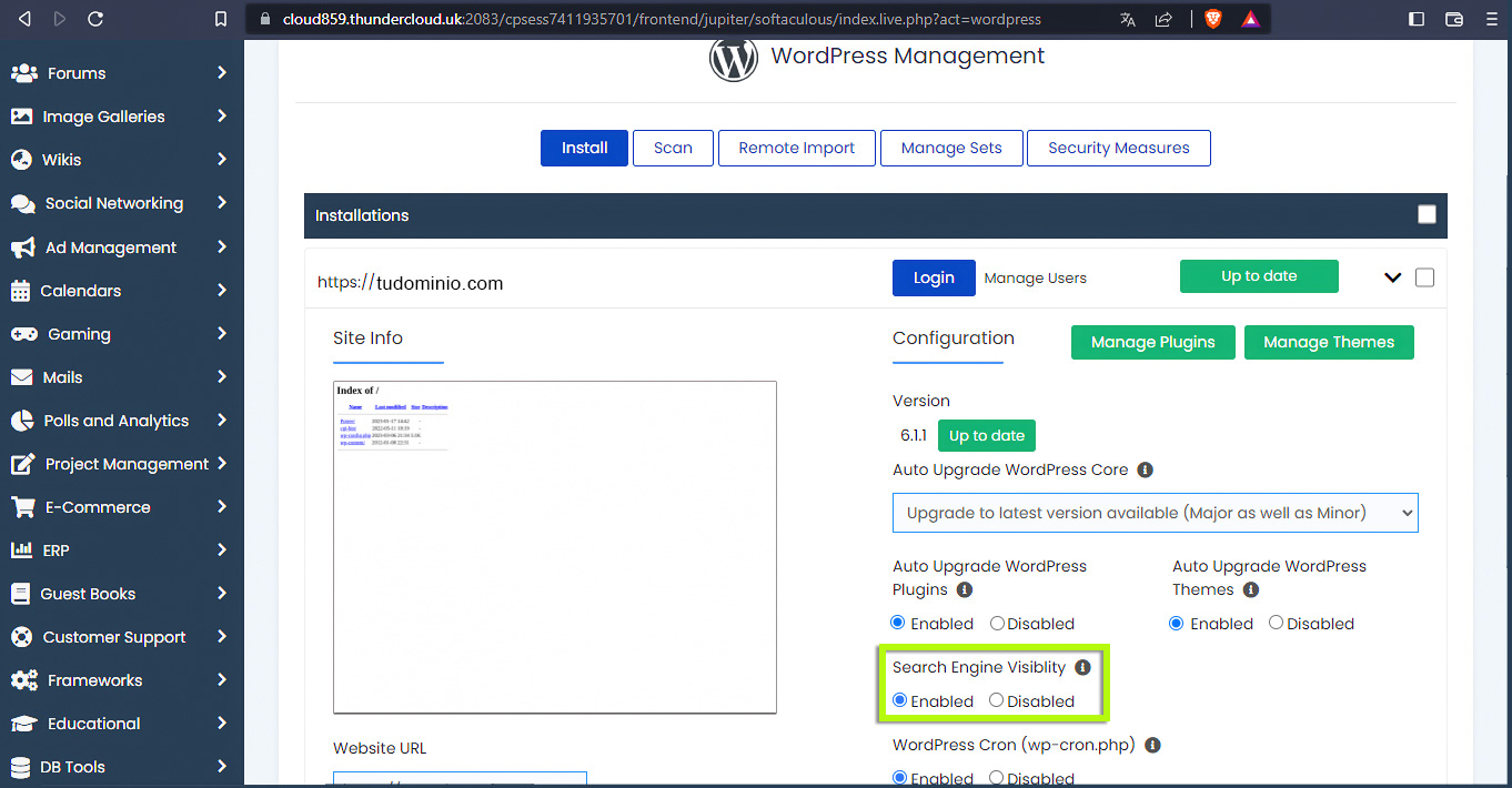 Administrador de WordPress - Visibilidad del motor de búsqueda