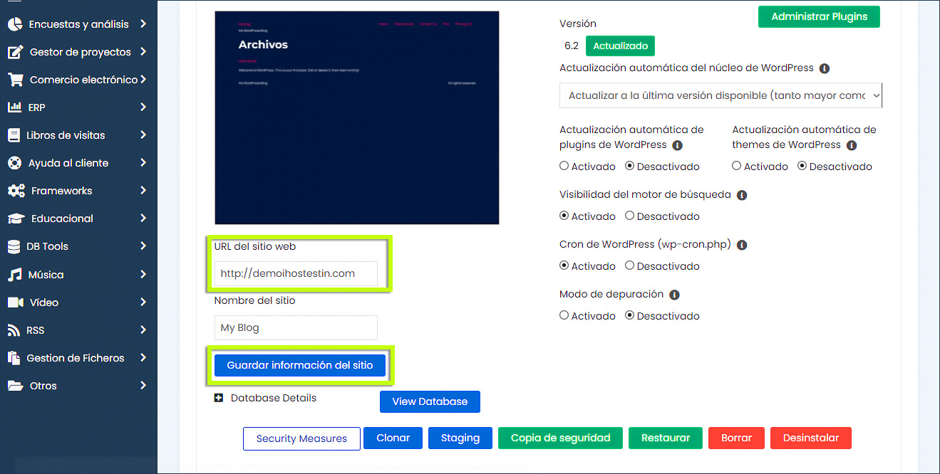 Administrador de WordPress - Cambiar URL del sitio
