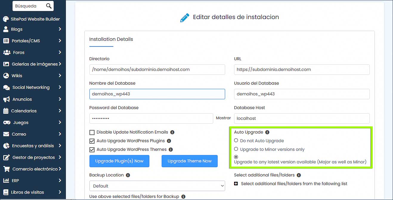 Configuraciones de actualizaciones autómáticas