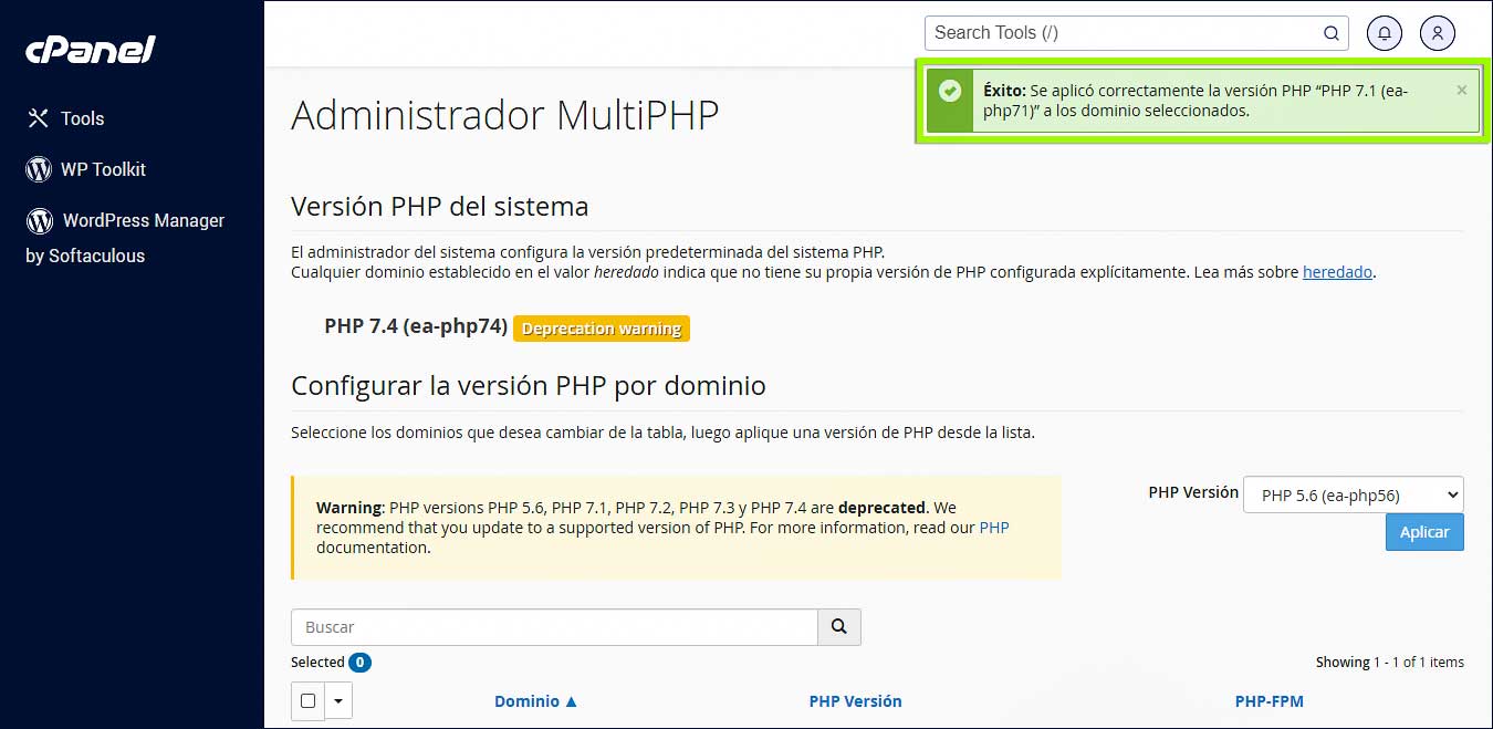 Cambio de versión de PHP exitoso