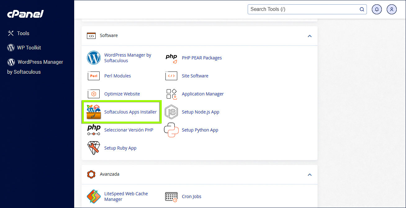 Ubicar Opcion softaculous
