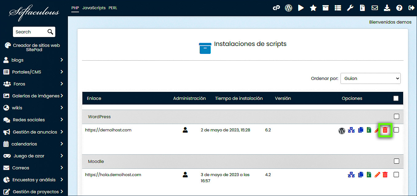 cPanel - Softaculous - Eliminar icono