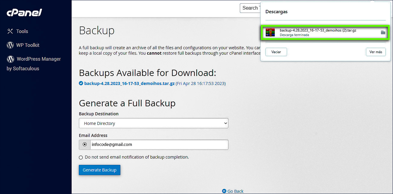 Copias de seguridad disponibles para descargar