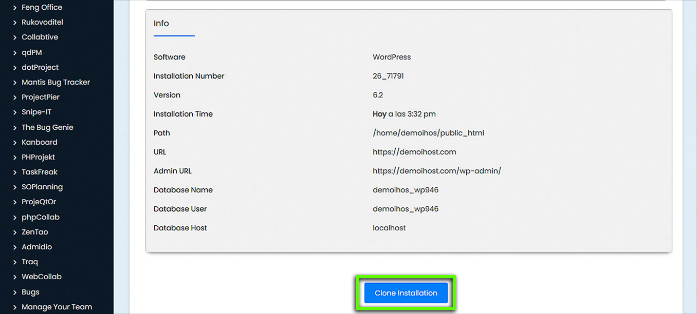 Botón de instalación de Softaculous Clone