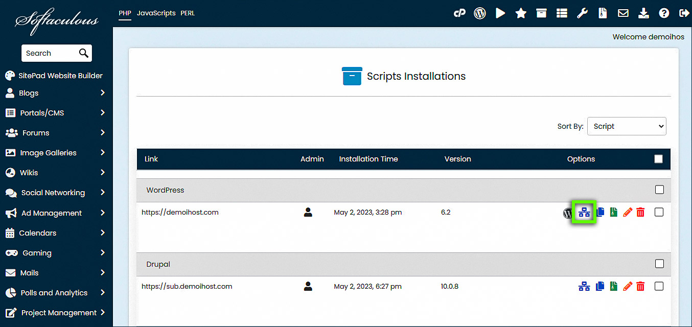 cPanel - Instalador de aplicaciones Softaculous - Botón Crear etapa