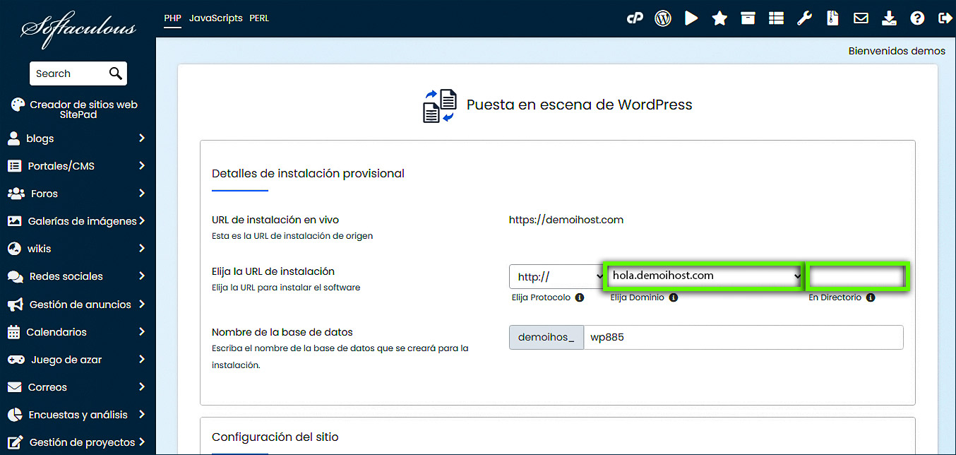 cPanel - Instalador de aplicaciones de Softaculous - Crear opciones de preparación