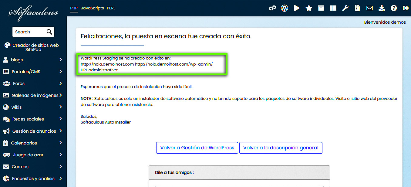 cPanel - Instalador de aplicaciones Softaculous - Navegando por el sitio de ensayo GIF