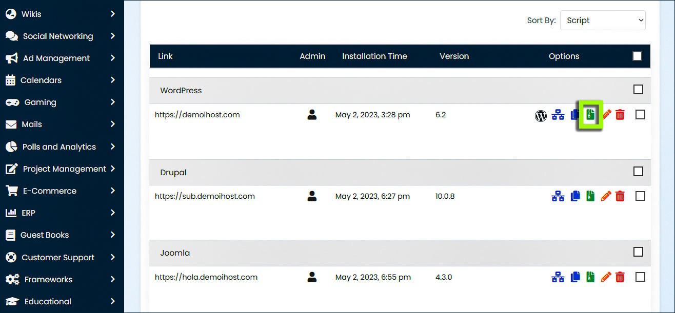 Lista de instalaciones de softaculous