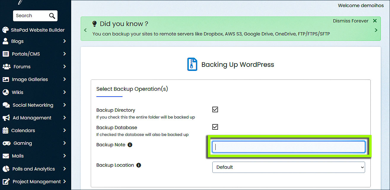 Detalles de la copia de seguridad cPanel Softaculous 