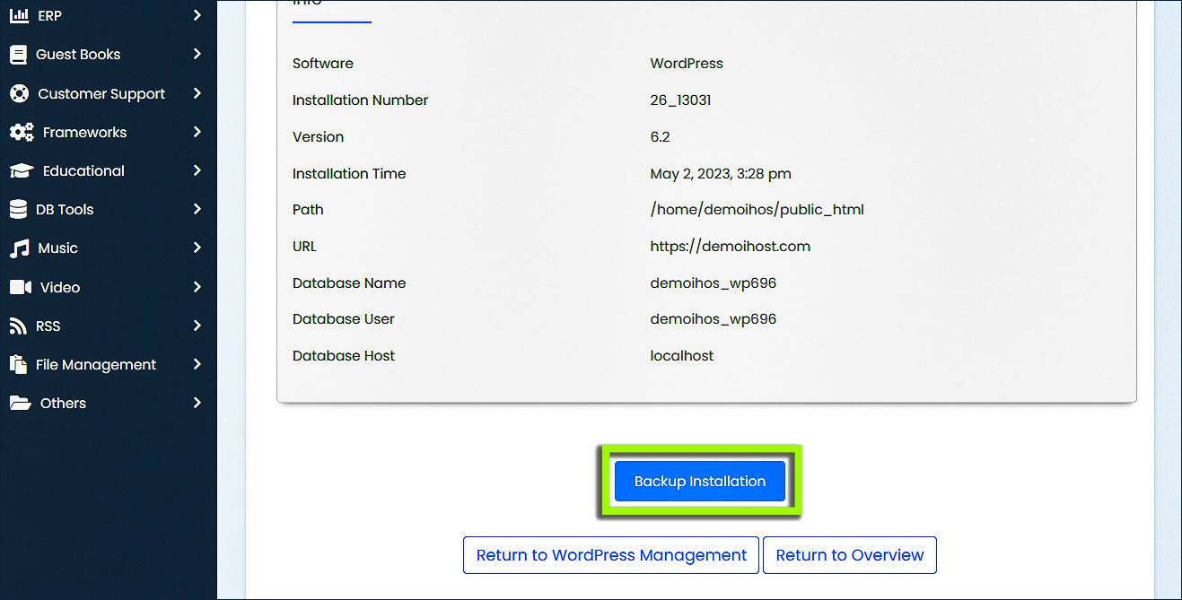 Botón de generar backup de Softaculous 