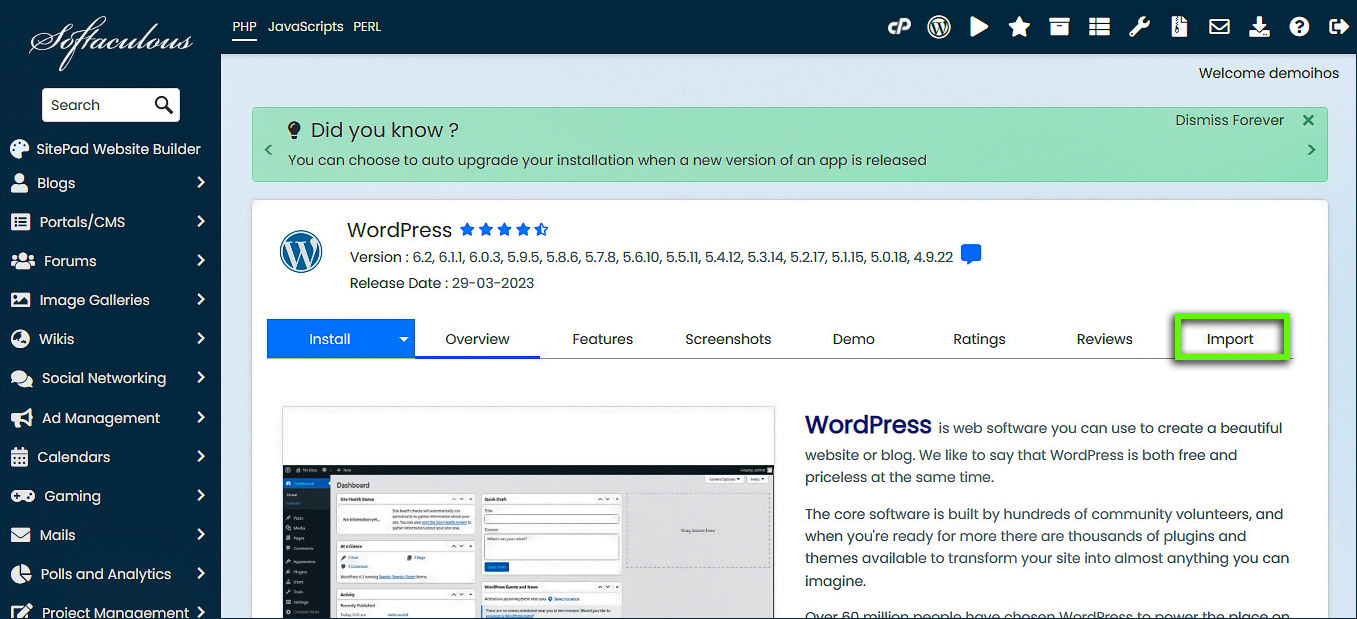 Pestaña de importación Softaculous