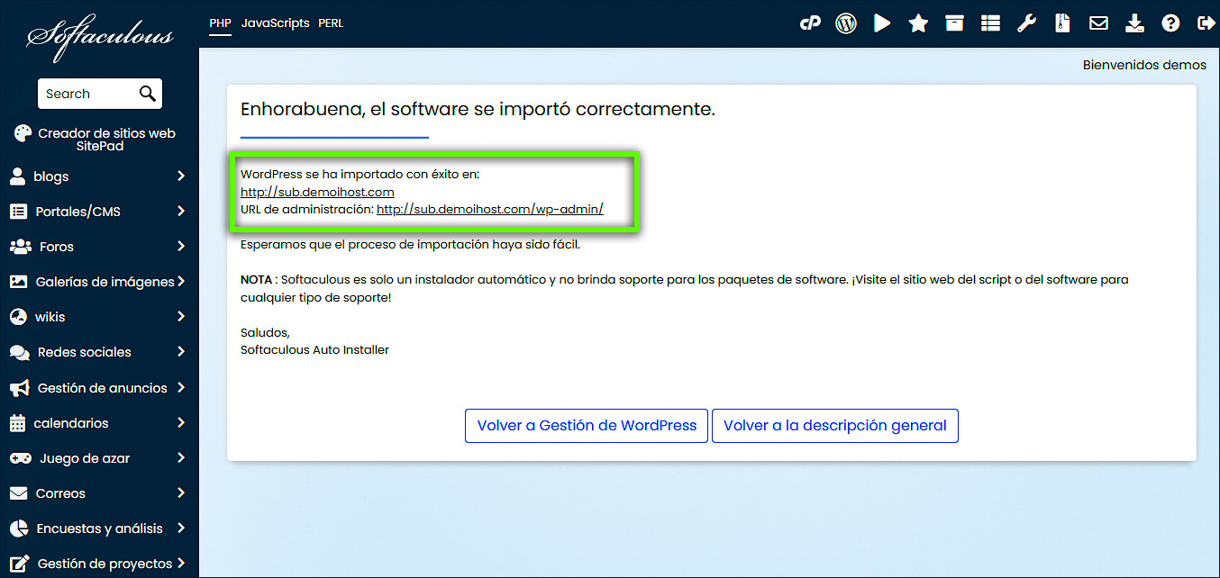 Importar mensaje exitoso