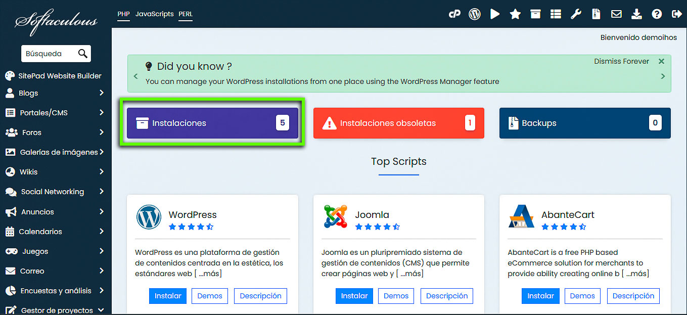 Instalación del script de HostGator cPanel Softaculous 