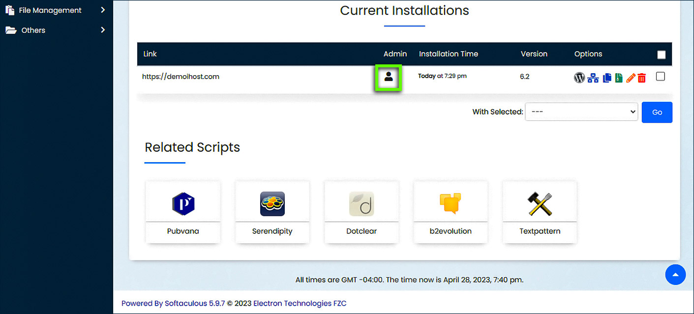 Inicio de sesión en la aplicación WordPress de HostGator cPanel Softaculous 