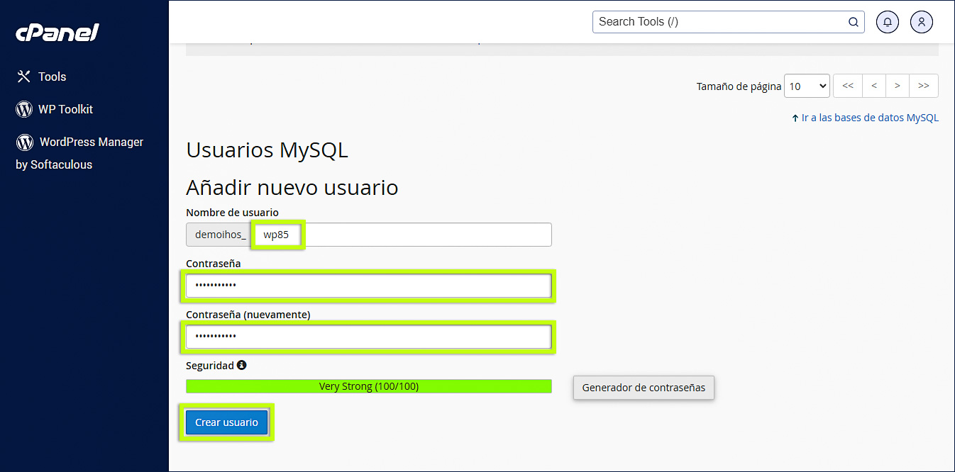 Crear usuario de base de datos