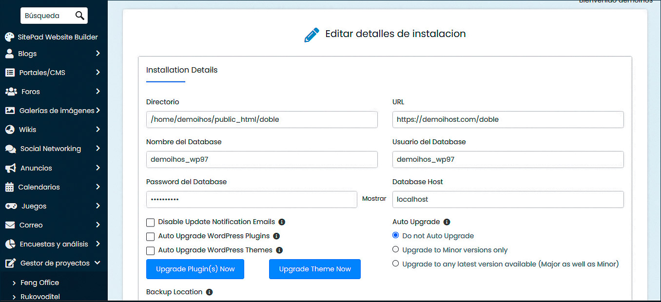 Detalles de instalación de HostGator Softaculous