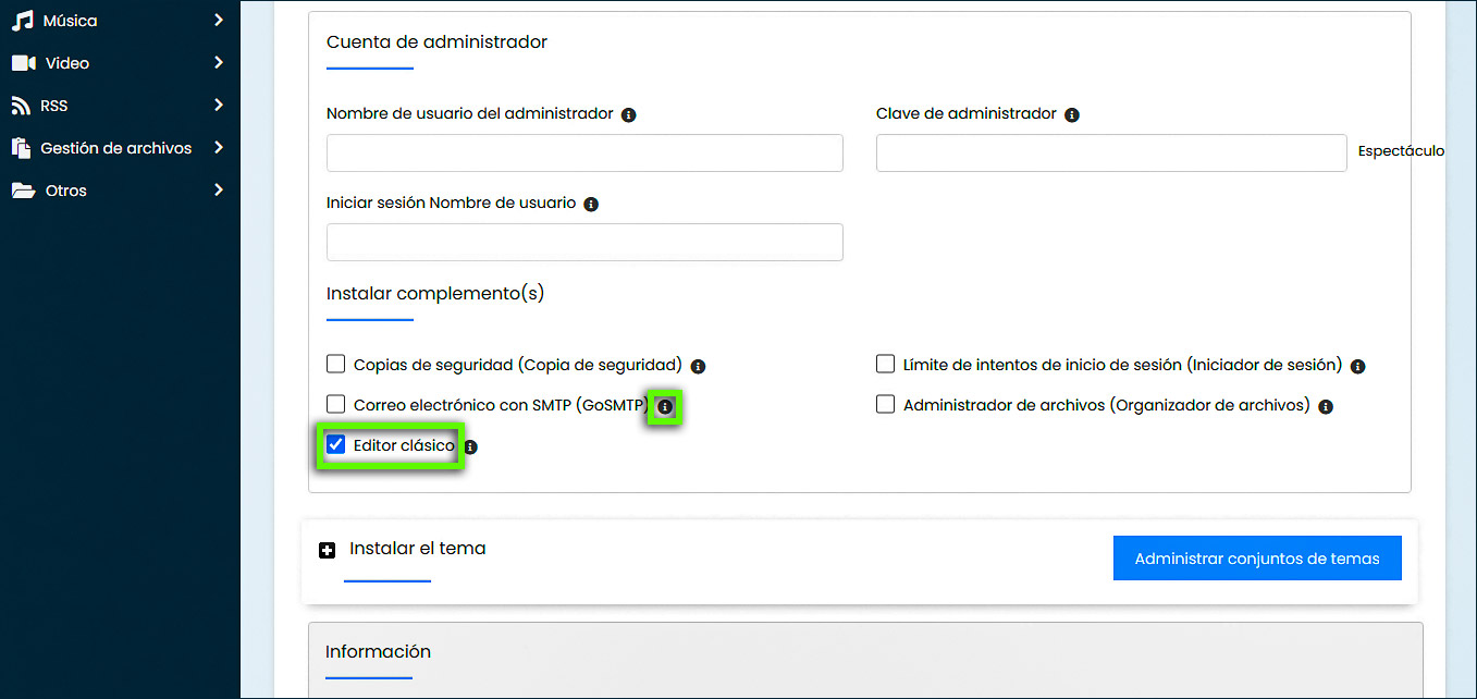 Detalles de instalación de HostGator Softaculous - Configuración de instalación de complementos