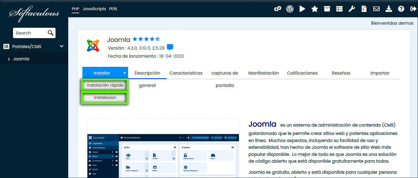 Botón de instalación de Joomla